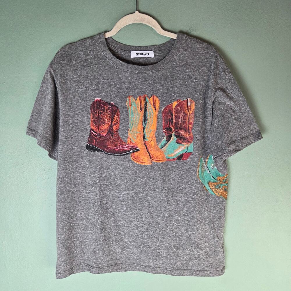Daydreamer Women Small Kick Off Your Boots Tee Short Sleeve Gray Western Cowgirl